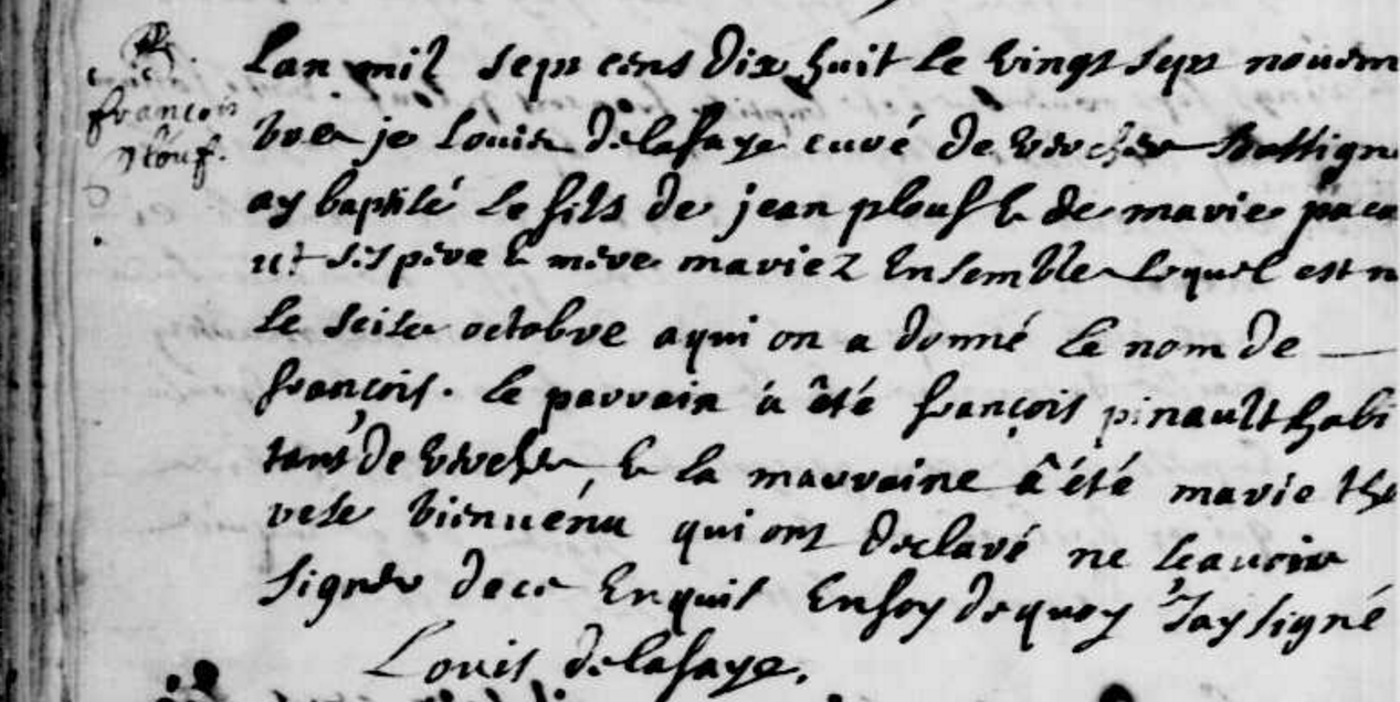 Acte de baptême de François Plouf extrait du registre de Contrecoeur